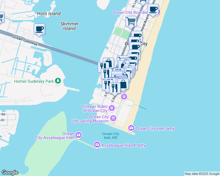 map of restaurants, bars, coffee shops, grocery stores, and more near 9 Emerson Towers Common in Ocean City