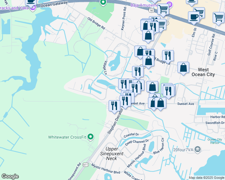 map of restaurants, bars, coffee shops, grocery stores, and more near 12548 Whispering Woods Drive in Ocean City