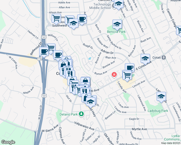 map of restaurants, bars, coffee shops, grocery stores, and more near 274 Bruce Avenue in Rohnert Park