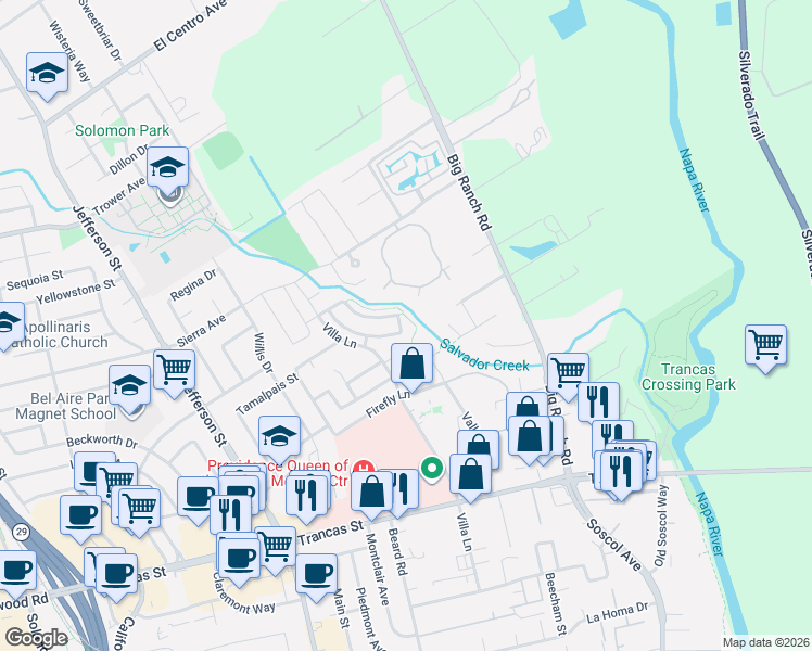 map of restaurants, bars, coffee shops, grocery stores, and more near 5 Summerbrooke Circle in Napa