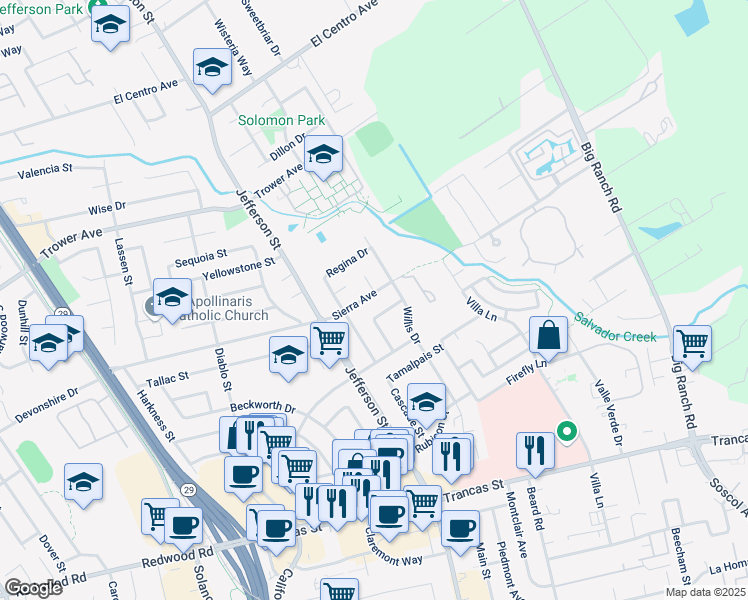 map of restaurants, bars, coffee shops, grocery stores, and more near 1233 Sierra Avenue in Napa