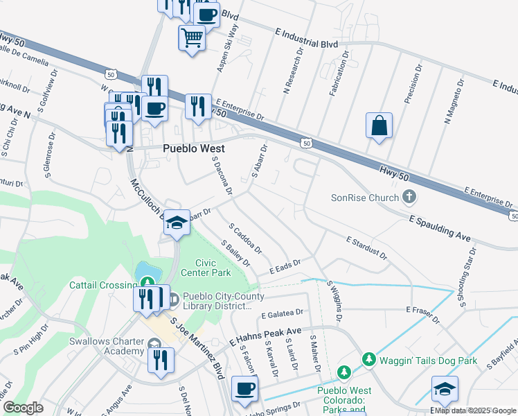 map of restaurants, bars, coffee shops, grocery stores, and more near 169 South Wiggins Drive in Pueblo