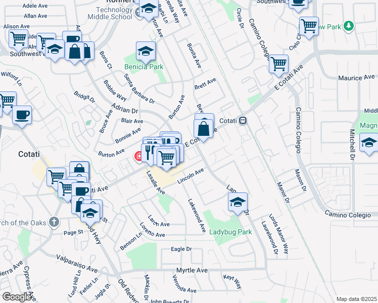 map of restaurants, bars, coffee shops, grocery stores, and more near 8267 Lancaster Drive in Cotati