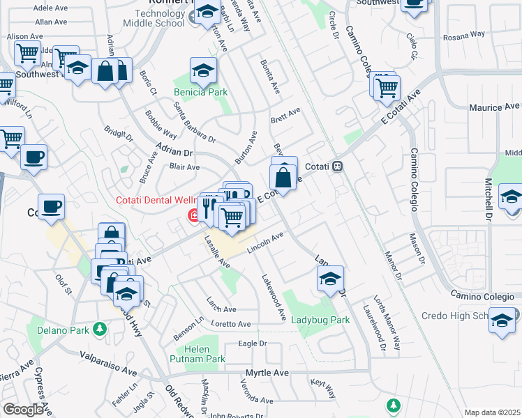map of restaurants, bars, coffee shops, grocery stores, and more near 8267 Lancaster Drive in Cotati