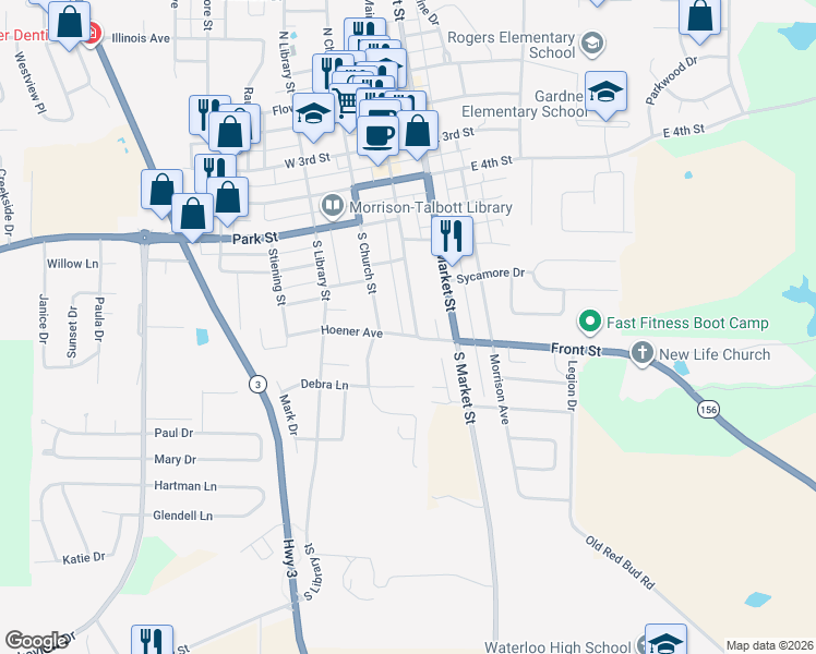 map of restaurants, bars, coffee shops, grocery stores, and more near 522 South Church Street in Waterloo