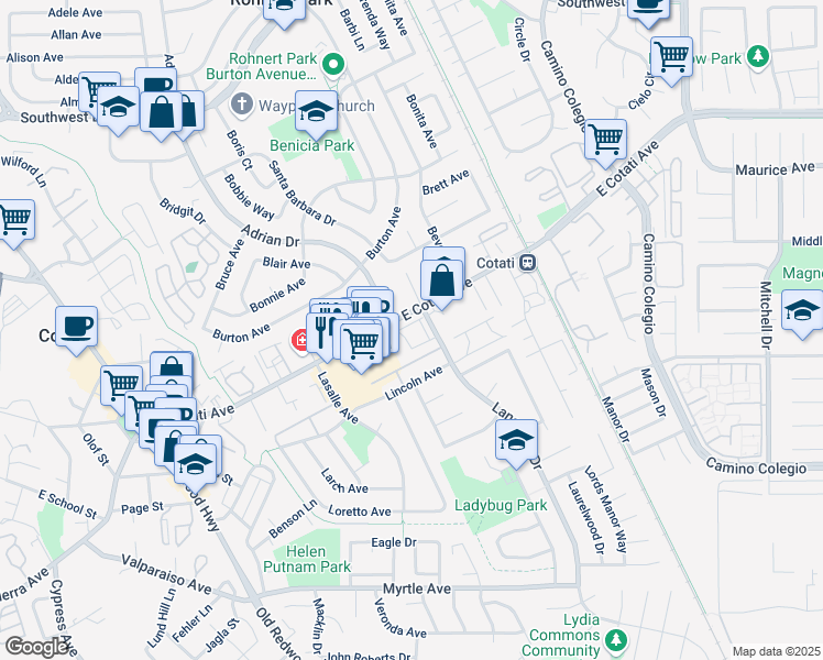 map of restaurants, bars, coffee shops, grocery stores, and more near 8267 Lancaster Drive in Cotati