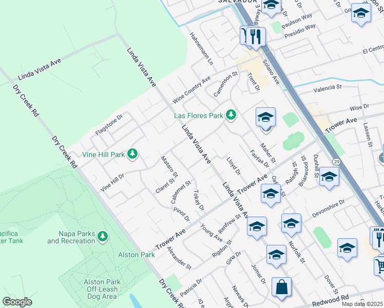 map of restaurants, bars, coffee shops, grocery stores, and more near 4207 Linda Vista Avenue in Napa