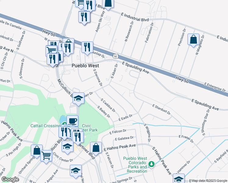 map of restaurants, bars, coffee shops, grocery stores, and more near 169 South Wiggins Drive in Pueblo