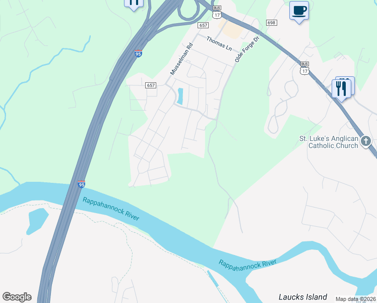 map of restaurants, bars, coffee shops, grocery stores, and more near 610 Golden Pear Lane in Fredericksburg