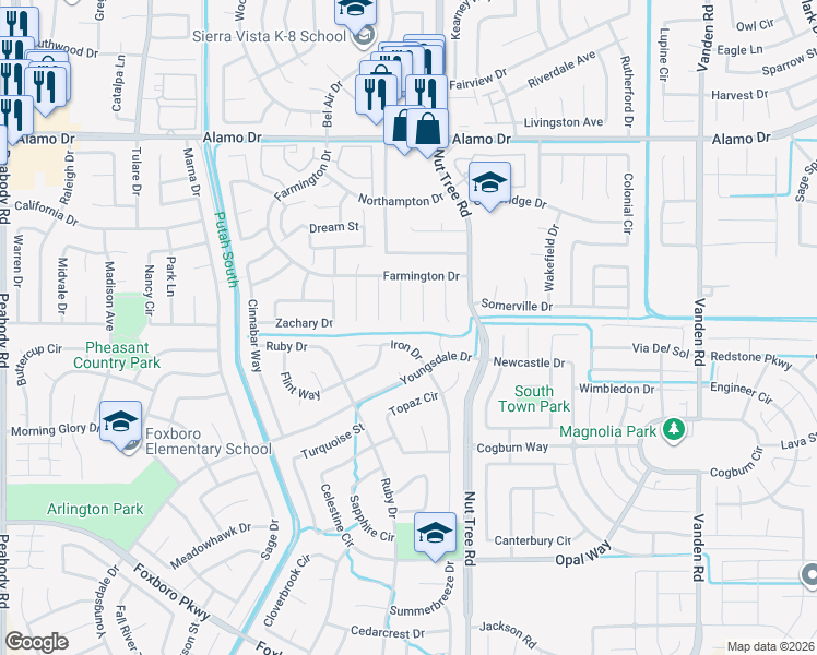 map of restaurants, bars, coffee shops, grocery stores, and more near 154 Danvers Ct in Vacaville