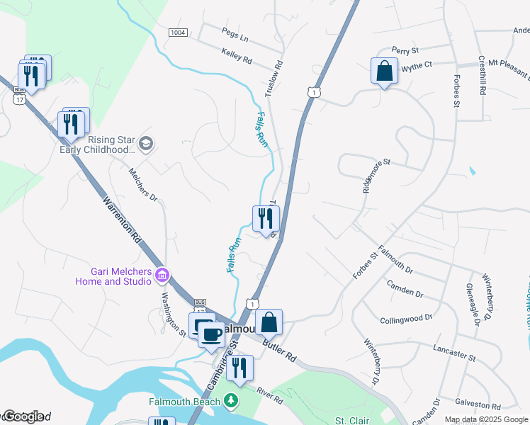 map of restaurants, bars, coffee shops, grocery stores, and more near 23 Truslow Road in Fredericksburg