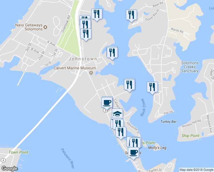 map of restaurants, bars, coffee shops, grocery stores, and more near 196 Langley Lane in Solomons