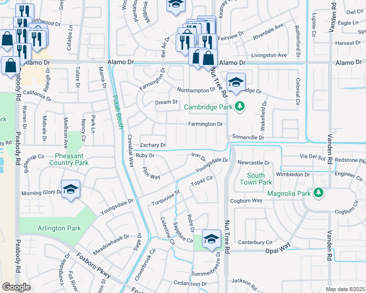 map of restaurants, bars, coffee shops, grocery stores, and more near 142 Revere Ct in Vacaville