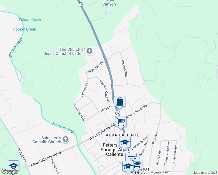 map of restaurants, bars, coffee shops, grocery stores, and more near 16591 Meadow Oaks Drive in Sonoma