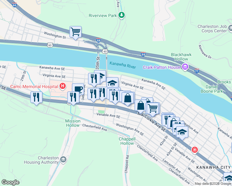 map of restaurants, bars, coffee shops, grocery stores, and more near 3601 Staunton Avenue Southeast in Charleston