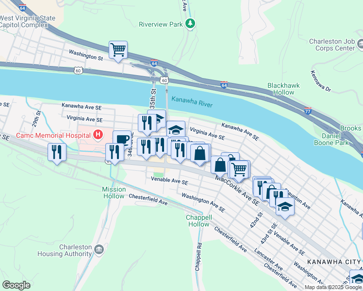 map of restaurants, bars, coffee shops, grocery stores, and more near 3601 Staunton Avenue Southeast in Charleston