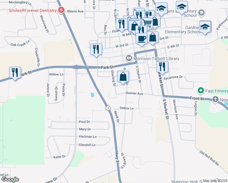 map of restaurants, bars, coffee shops, grocery stores, and more near 607 Stiening Street in Waterloo