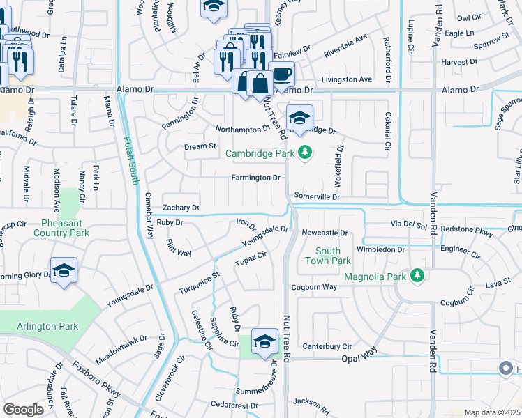 map of restaurants, bars, coffee shops, grocery stores, and more near 146 Weymouth Court in Vacaville