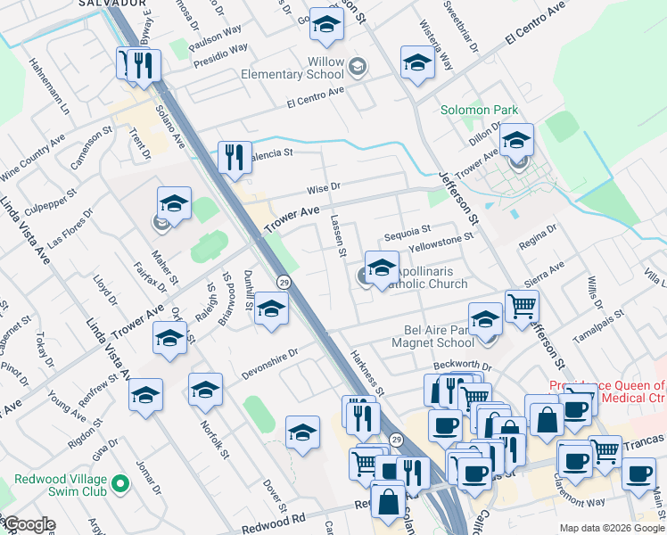 map of restaurants, bars, coffee shops, grocery stores, and more near 3775 Lassen Street in Napa