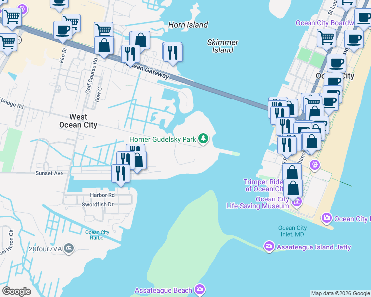 map of restaurants, bars, coffee shops, grocery stores, and more near 13030 Old Bridge Road in Ocean City