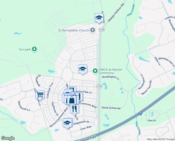 map of restaurants, bars, coffee shops, grocery stores, and more near 10934 Monkshood Drive in Prospect