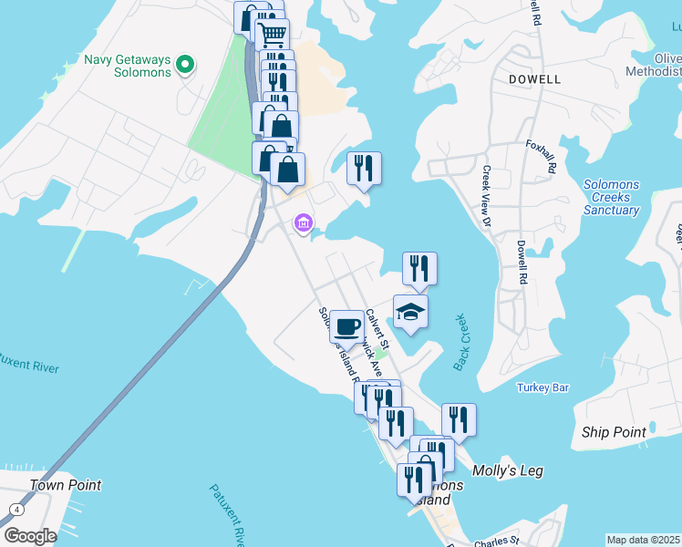 map of restaurants, bars, coffee shops, grocery stores, and more near 196 Langley Lane in Solomons
