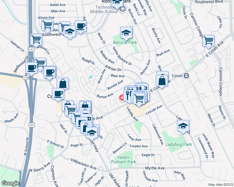 map of restaurants, bars, coffee shops, grocery stores, and more near 339 Burton Avenue in Rohnert Park