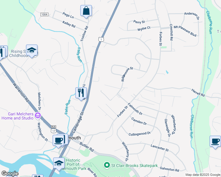map of restaurants, bars, coffee shops, grocery stores, and more near 225 Overlook Court in Fredericksburg