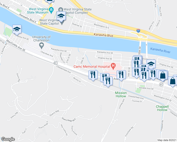 map of restaurants, bars, coffee shops, grocery stores, and more near 2921 Frontage Rd in Charleston