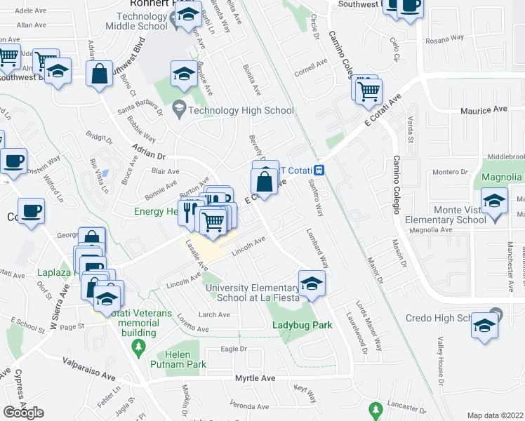 map of restaurants, bars, coffee shops, grocery stores, and more near 8270 Lancaster Drive in Cotati