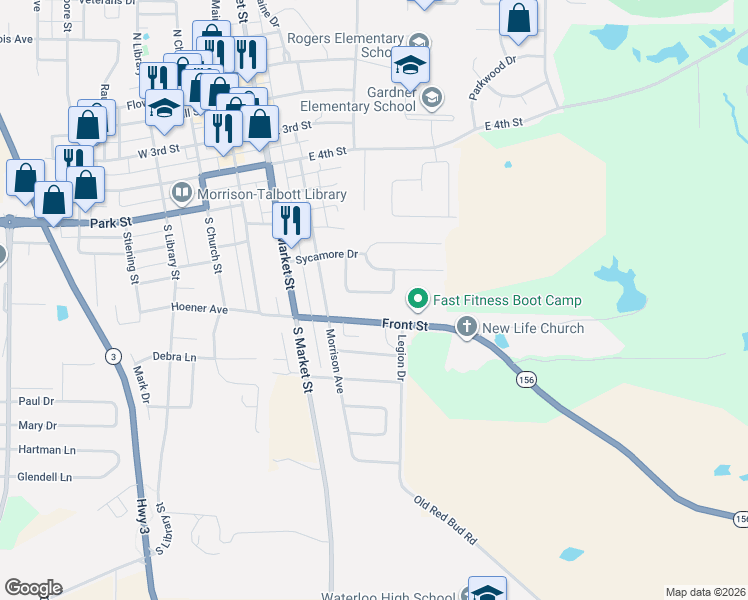 map of restaurants, bars, coffee shops, grocery stores, and more near 408 Laurel Drive in Waterloo