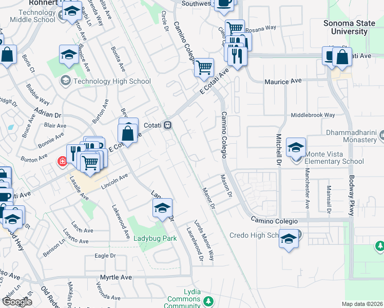 map of restaurants, bars, coffee shops, grocery stores, and more near 8278 Windmill Farms Drive in Cotati