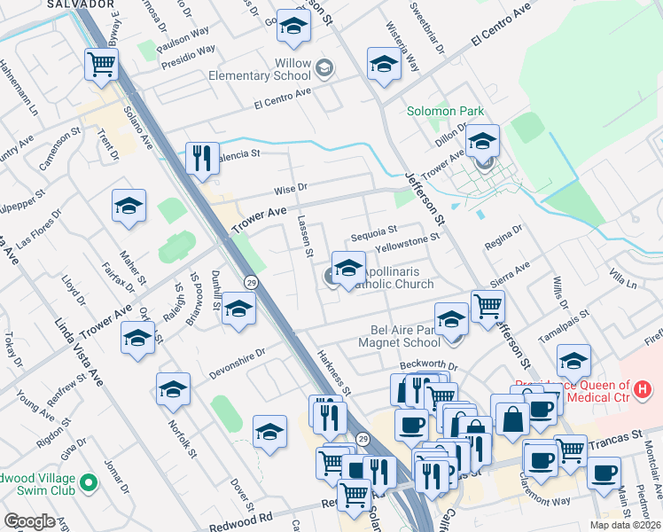 map of restaurants, bars, coffee shops, grocery stores, and more near 1815 Yellowstone Street in Napa