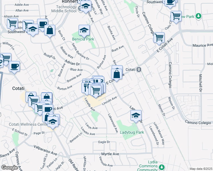 map of restaurants, bars, coffee shops, grocery stores, and more near 686 East Cotati Avenue in Cotati