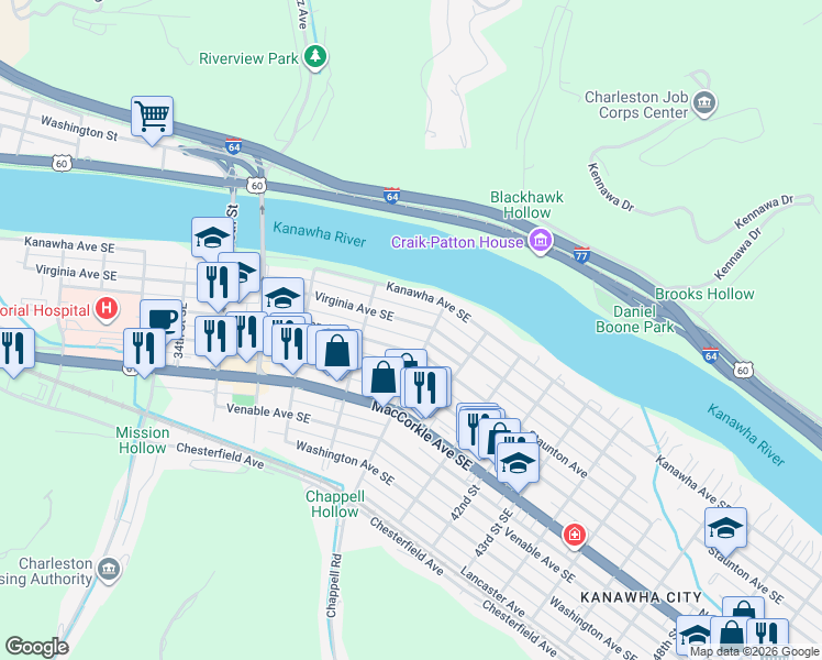 map of restaurants, bars, coffee shops, grocery stores, and more near 3821 Virginia Avenue Southeast in Charleston
