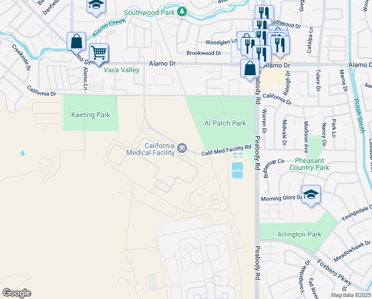 map of restaurants, bars, coffee shops, grocery stores, and more near Calif Med Facility Road in Vacaville