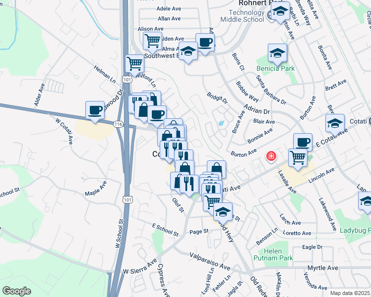 map of restaurants, bars, coffee shops, grocery stores, and more near 35 George Street in Cotati