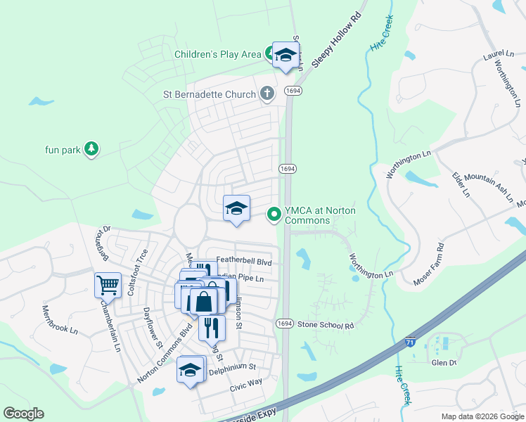 map of restaurants, bars, coffee shops, grocery stores, and more near 10934 Monkshood Drive in Prospect