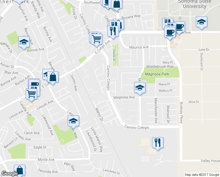 map of restaurants, bars, coffee shops, grocery stores, and more near 1302 Marissa Court in Rohnert Park