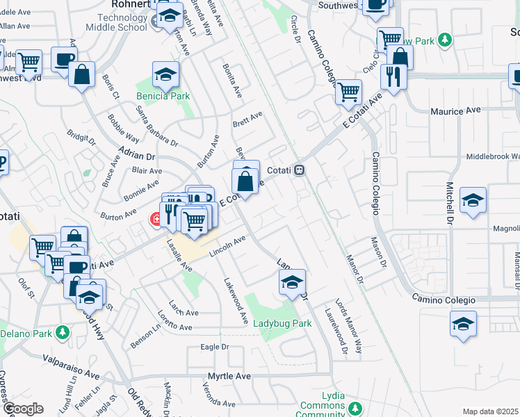 map of restaurants, bars, coffee shops, grocery stores, and more near 818 East Cotati Avenue in Cotati