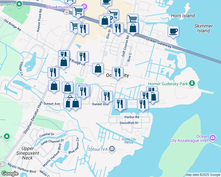 map of restaurants, bars, coffee shops, grocery stores, and more near 9735 Golf Course Road in Ocean City