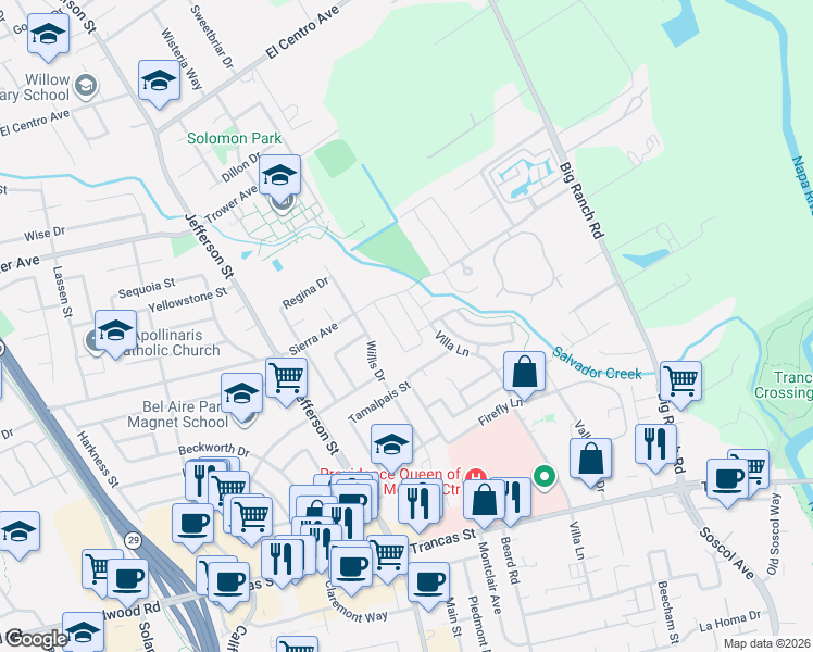 map of restaurants, bars, coffee shops, grocery stores, and more near 1185 Sierra Avenue in Napa