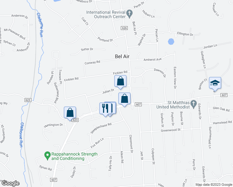 map of restaurants, bars, coffee shops, grocery stores, and more near 1024 Julian Drive in Fredericksburg