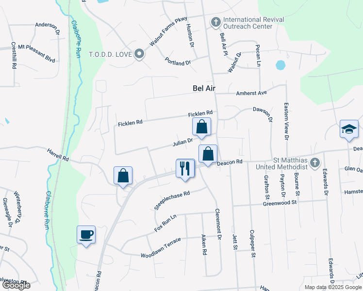 map of restaurants, bars, coffee shops, grocery stores, and more near 1020 Julian Drive in Fredericksburg