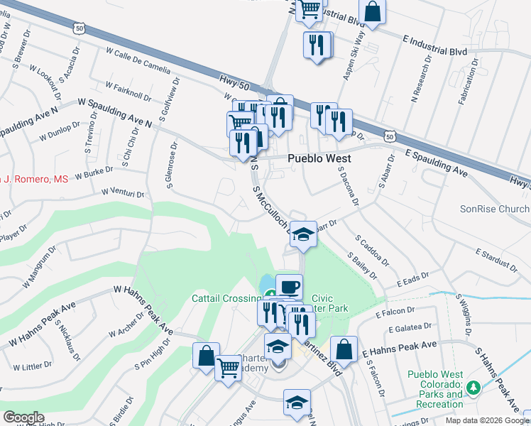 map of restaurants, bars, coffee shops, grocery stores, and more near 12 West Glenrose Drive in Pueblo West