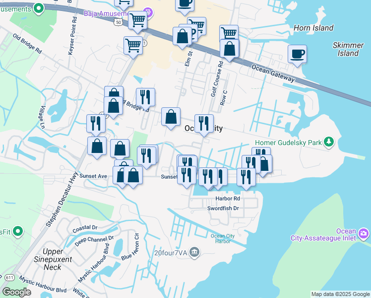 map of restaurants, bars, coffee shops, grocery stores, and more near 9735 Golf Course Road in Ocean City
