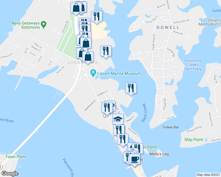 map of restaurants, bars, coffee shops, grocery stores, and more near 9804 Langley Lane in Solomons