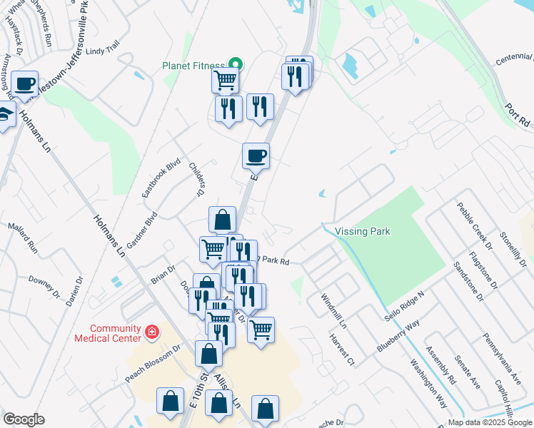 map of restaurants, bars, coffee shops, grocery stores, and more near 3476-3484 E 10th St in Jeffersonville