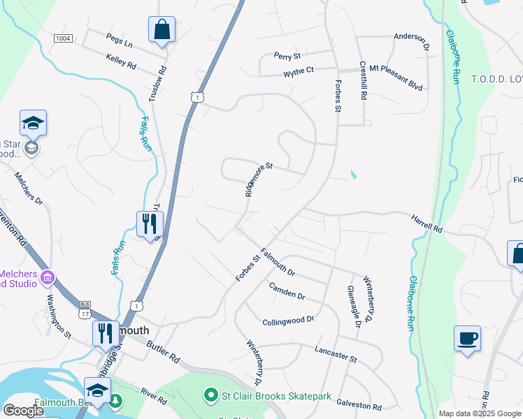 map of restaurants, bars, coffee shops, grocery stores, and more near 439 Ridgemore Street in Fredericksburg