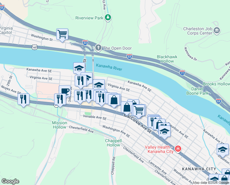 map of restaurants, bars, coffee shops, grocery stores, and more near 3711 Staunton Avenue Southeast in Charleston
